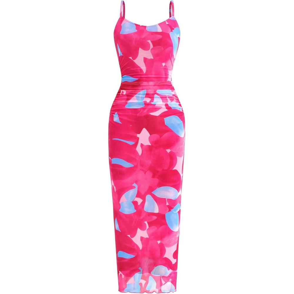 imagePRETTYGARDEN Summer Wedding Guest Dresses for Women 2026 Spaghetti Strap Mesh Bodycon Beach Vacation Floral Maxi Long DressesFloral Rose Red