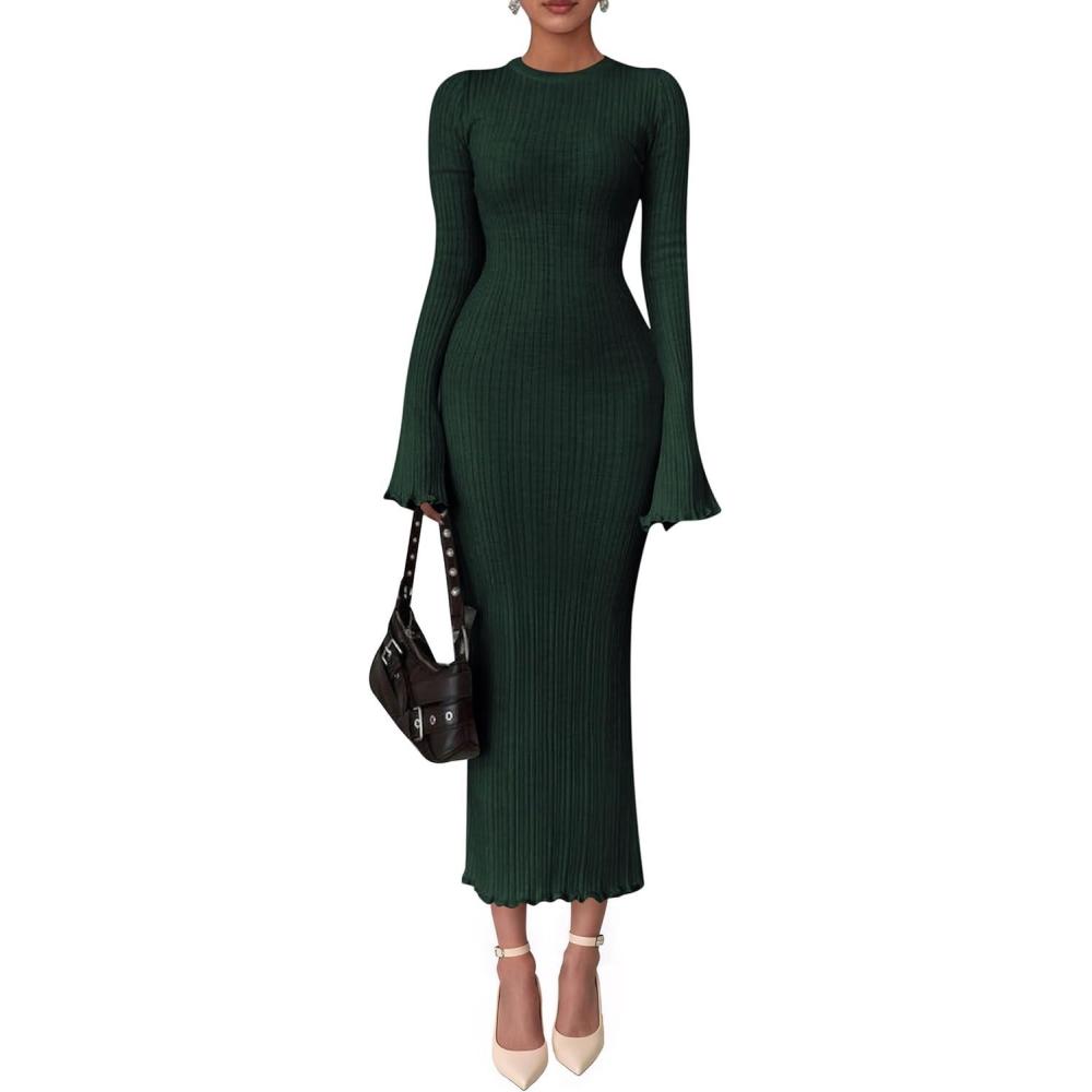 imagePRETTYGARDEN Sweater Dresses for Women 2025 Fall Bell Long Sleeve Crew Neck Bodycon Maxi Dress Winter Ribbed Knit OutfitsArmy Green