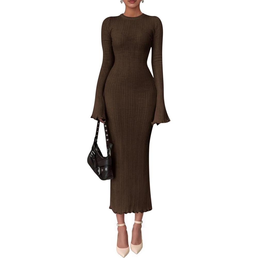 imagePRETTYGARDEN Sweater Dresses for Women 2025 Fall Bell Long Sleeve Crew Neck Bodycon Maxi Dress Winter Ribbed Knit OutfitsBrown