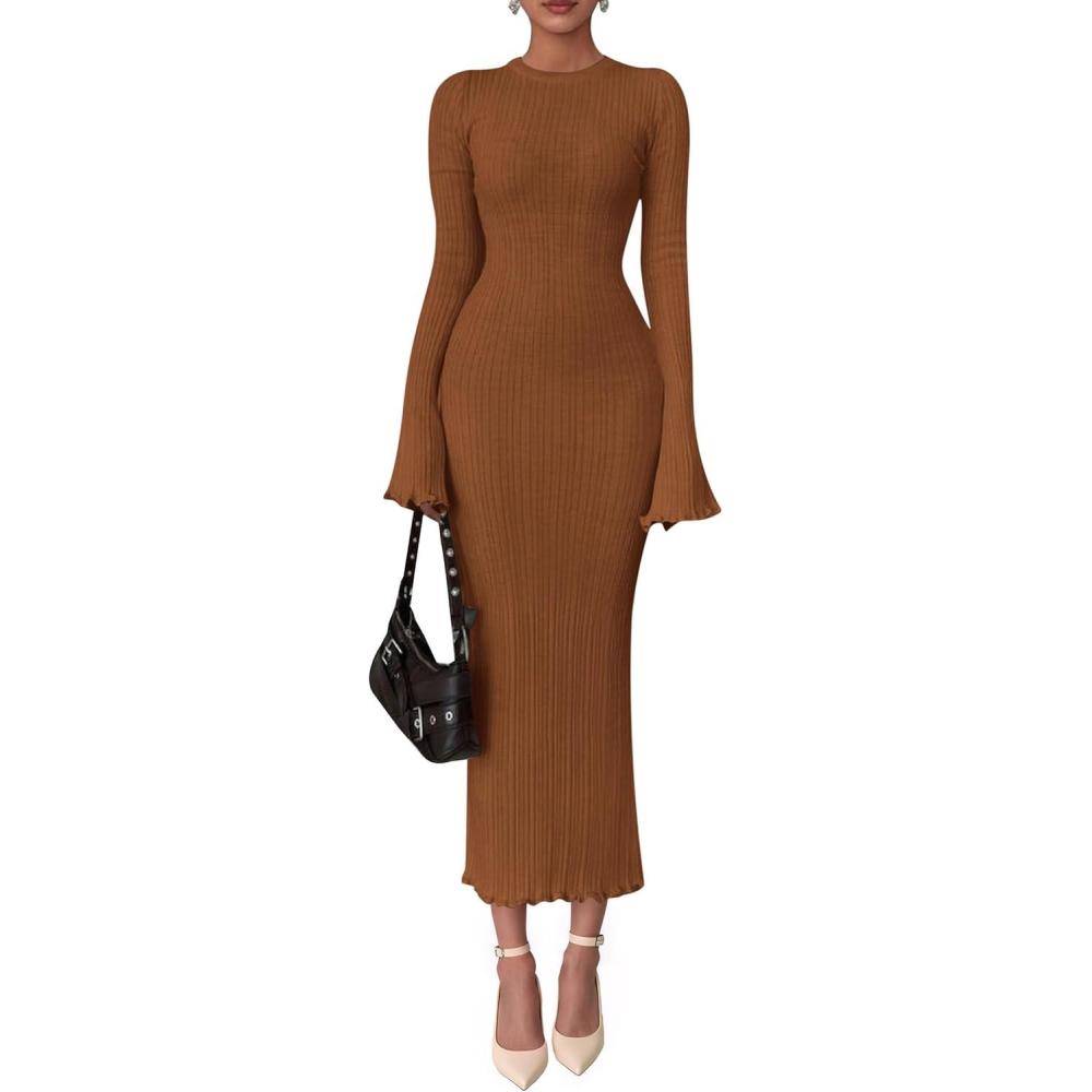 imagePRETTYGARDEN Sweater Dresses for Women 2025 Fall Bell Long Sleeve Crew Neck Bodycon Maxi Dress Winter Ribbed Knit OutfitsCaramel