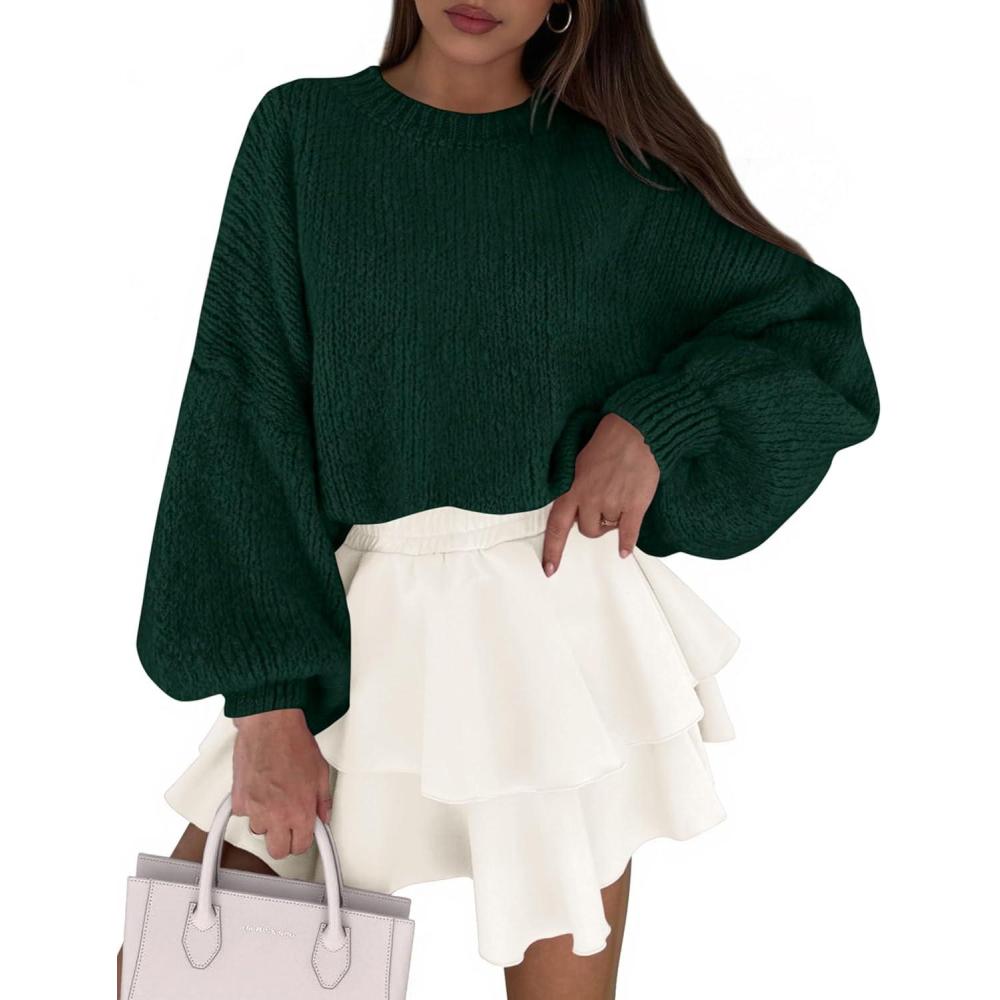 imagePRETTYGARDEN Sweaters for Women 2026 Fall Chunky Knit Long Sleeve Crew Neck Oversized Pullover Tops Winter Fashion ClothingDark Green