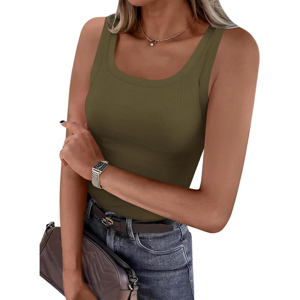 imagePRETTYGARDEN Tank Tops for Women 2026 Summer Sleeveless Scoop Neck Ribbed Tops Cute Spring Casual Fitted Basic Cami ShirtsArmy Green