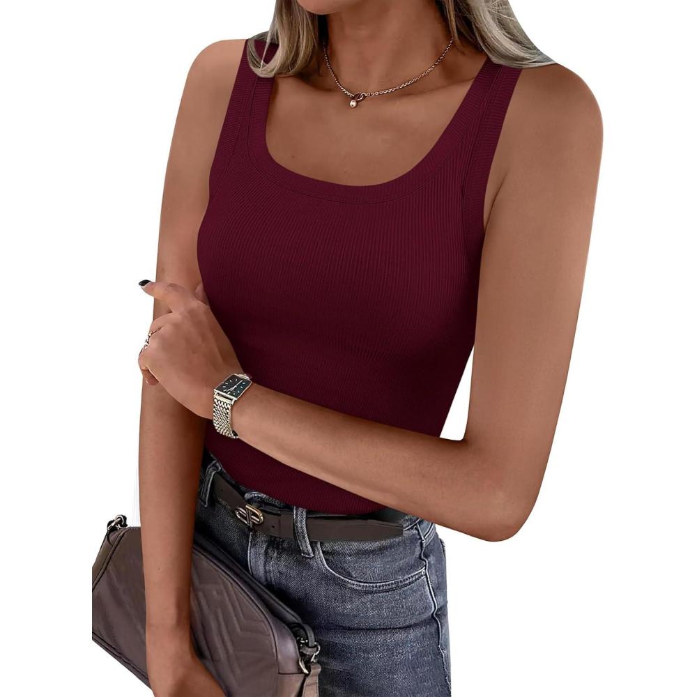 imagePRETTYGARDEN Tank Tops for Women 2026 Summer Sleeveless Scoop Neck Ribbed Tops Cute Spring Casual Fitted Basic Cami ShirtsBurgundy