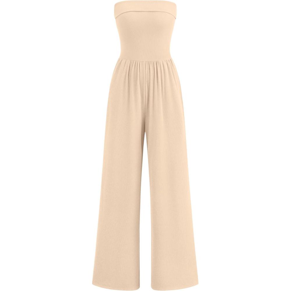 imagePRETTYGARDEN Tube Jumpsuits for Women Dressy Casual Off Shoulder Wide Leg Rompers Jumper One Piece Vacation Summer OutfitsApricot