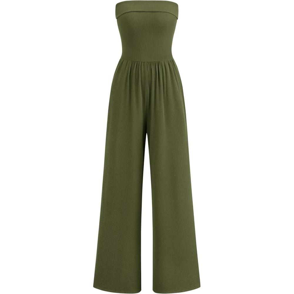 imagePRETTYGARDEN Tube Jumpsuits for Women Dressy Casual Off Shoulder Wide Leg Rompers Jumper One Piece Vacation Summer OutfitsArmy Green