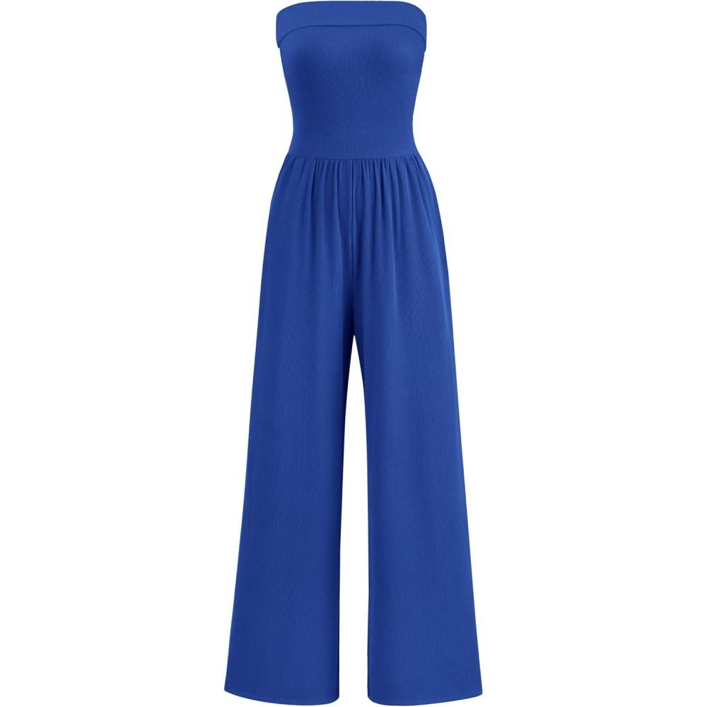imagePRETTYGARDEN Tube Jumpsuits for Women Dressy Casual Off Shoulder Wide Leg Rompers Jumper One Piece Vacation Summer OutfitsBlue