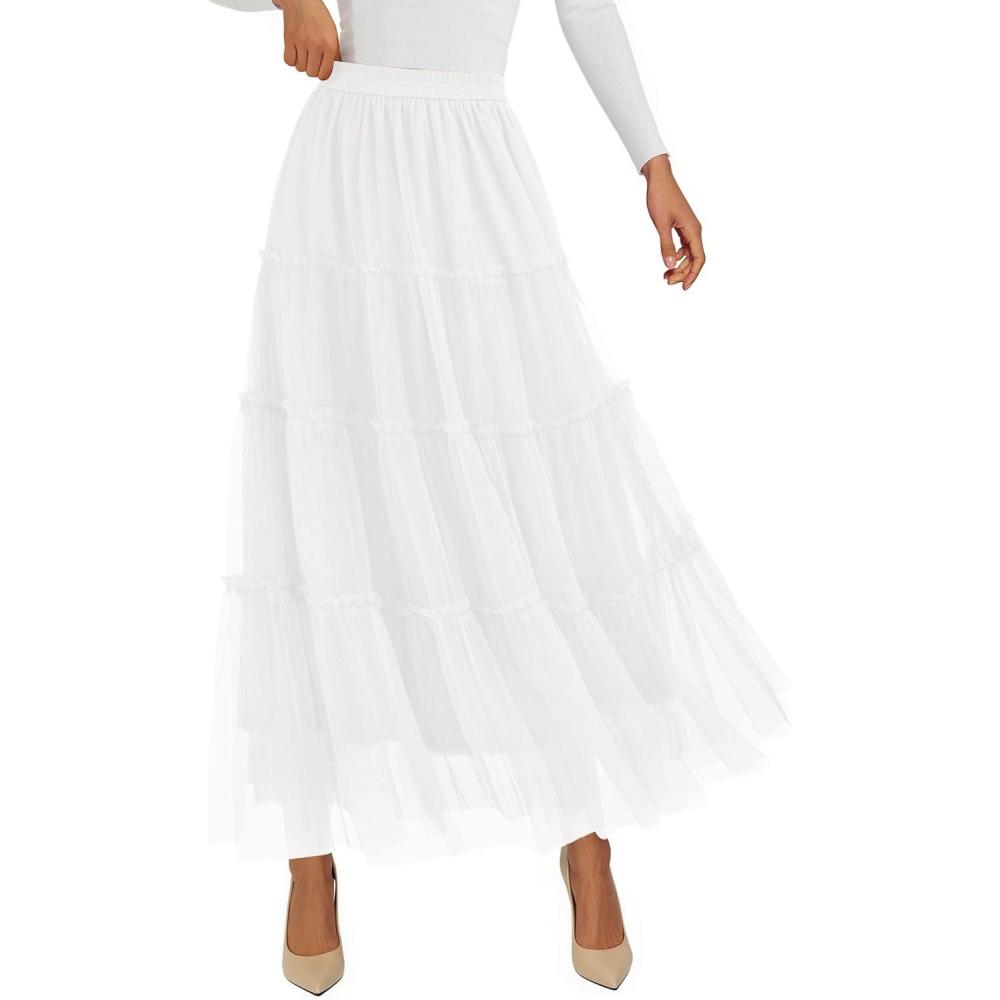 imagePRETTYGARDEN Tulle Skirts for Women 2026 Spring Fashion Elastic High Waisted Tiered Flowy Fairy ALine Casual Maxi Long SkirtWhite