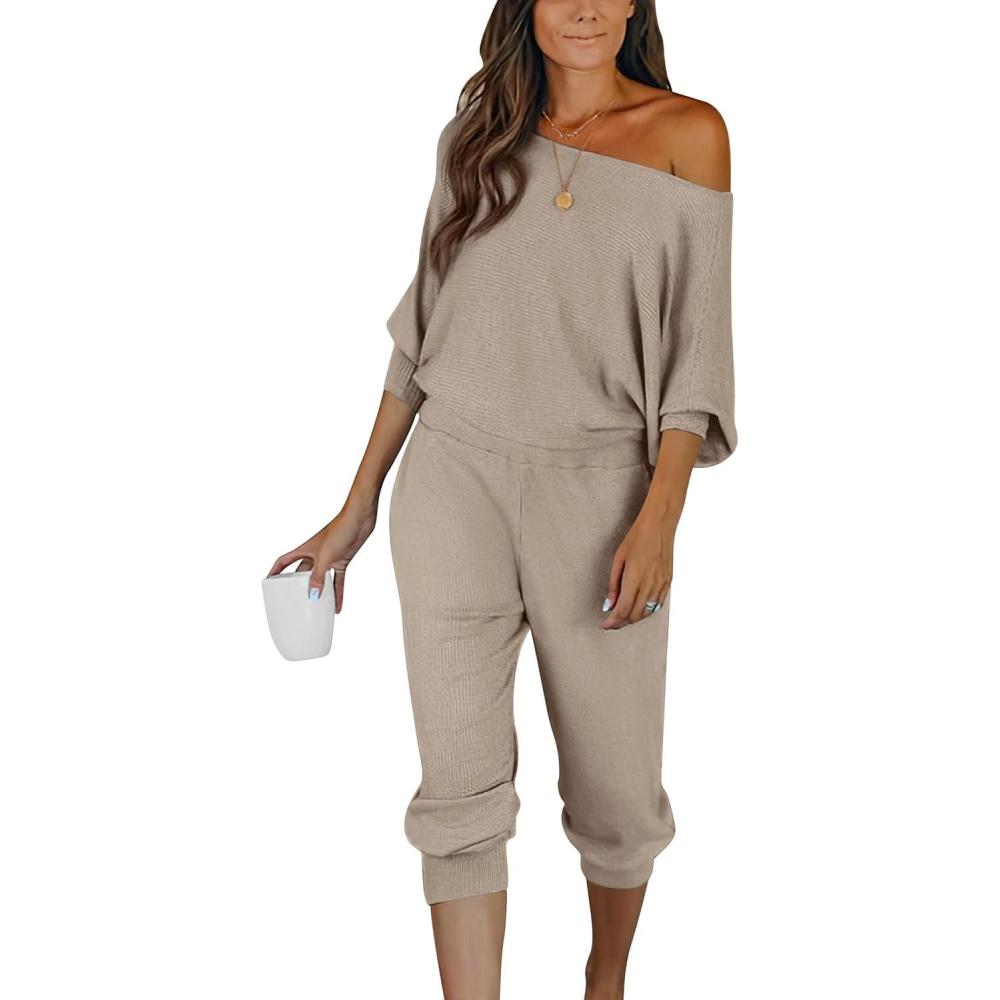 imagePRETTYGARDEN Two Piece Sets for Women 2025 Casual Ribbed Knit Off Shoulder Tops Lounge Pants Fall Tracksuits Winter ClothesApricot