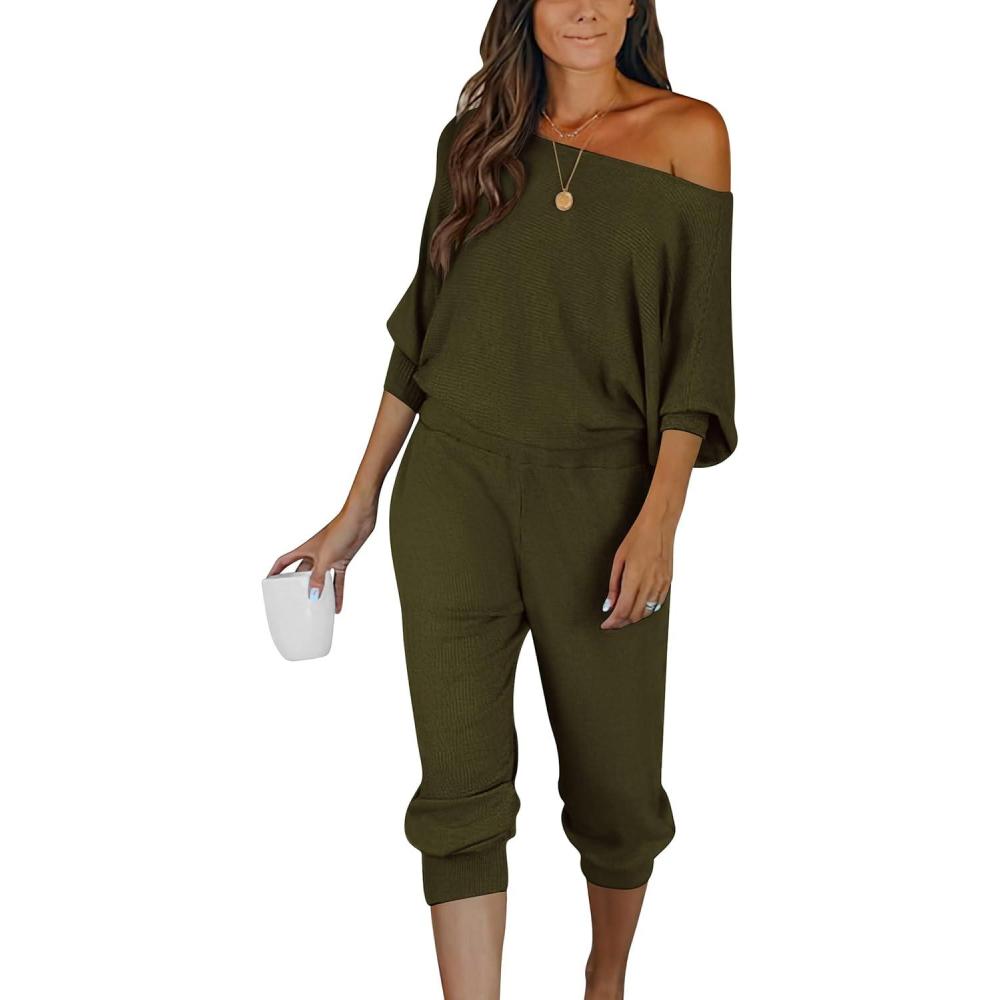 imagePRETTYGARDEN Two Piece Sets for Women 2025 Casual Ribbed Knit Off Shoulder Tops Lounge Pants Fall Tracksuits Winter ClothesArmy Green