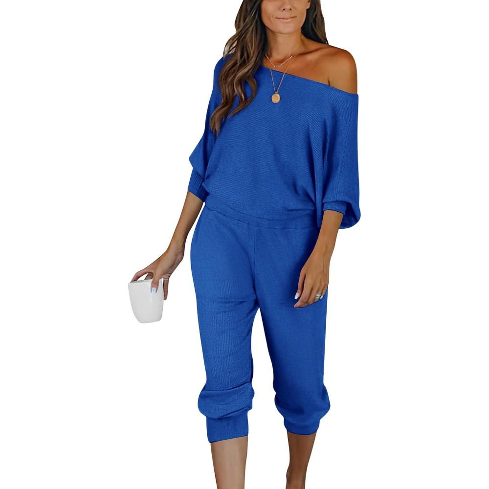 imagePRETTYGARDEN Two Piece Sets for Women 2025 Casual Ribbed Knit Off Shoulder Tops Lounge Pants Fall Tracksuits Winter ClothesDark Blue