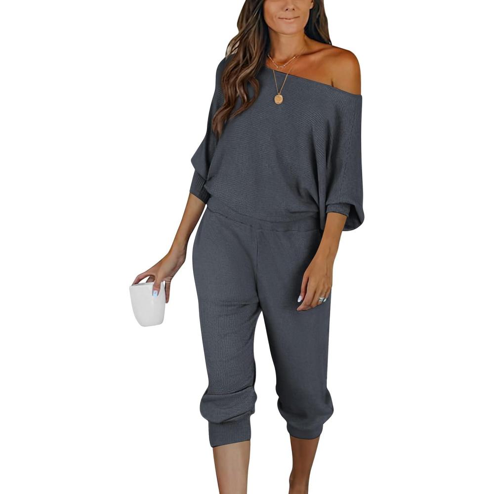 imagePRETTYGARDEN Two Piece Sets for Women 2025 Casual Ribbed Knit Off Shoulder Tops Lounge Pants Fall Tracksuits Winter ClothesDark Grey
