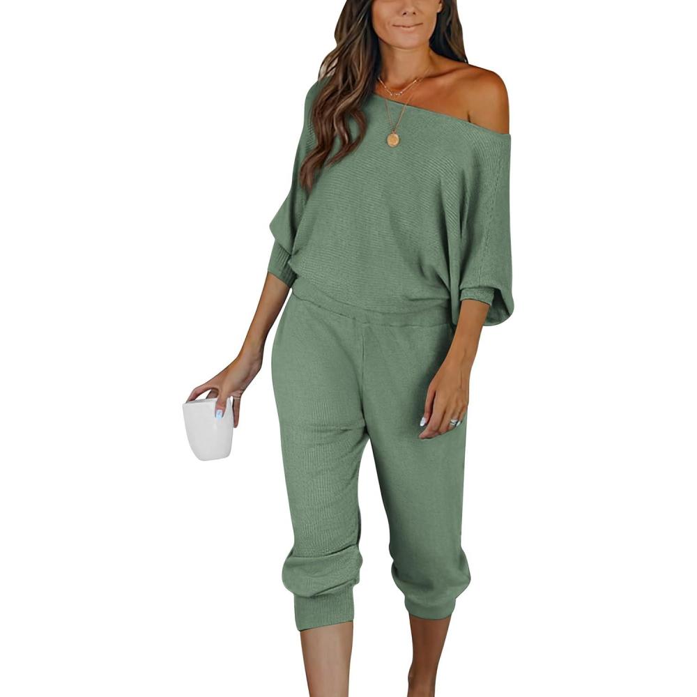 imagePRETTYGARDEN Two Piece Sets for Women 2025 Casual Ribbed Knit Off Shoulder Tops Lounge Pants Fall Tracksuits Winter ClothesLight Green