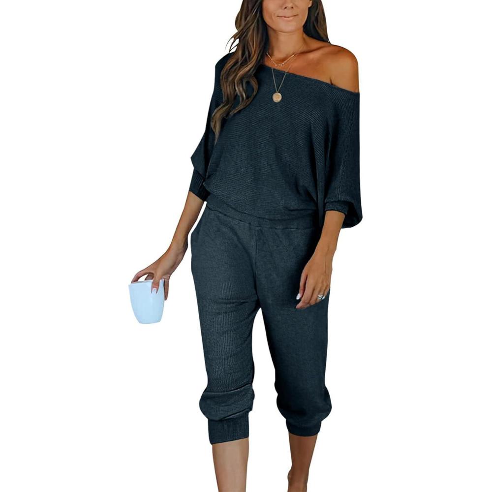 imagePRETTYGARDEN Two Piece Sets for Women 2025 Casual Ribbed Knit Off Shoulder Tops Lounge Pants Fall Tracksuits Winter ClothesNavy