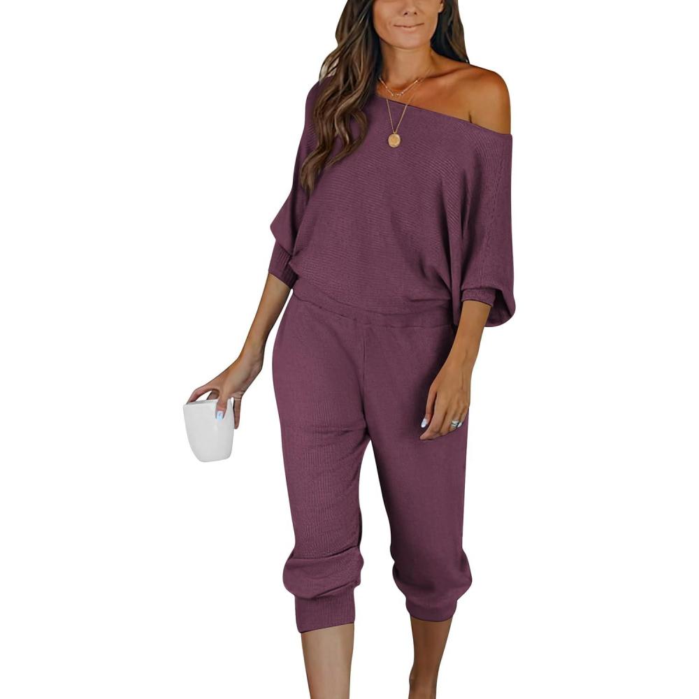 imagePRETTYGARDEN Two Piece Sets for Women 2025 Casual Ribbed Knit Off Shoulder Tops Lounge Pants Fall Tracksuits Winter ClothesPurple Red