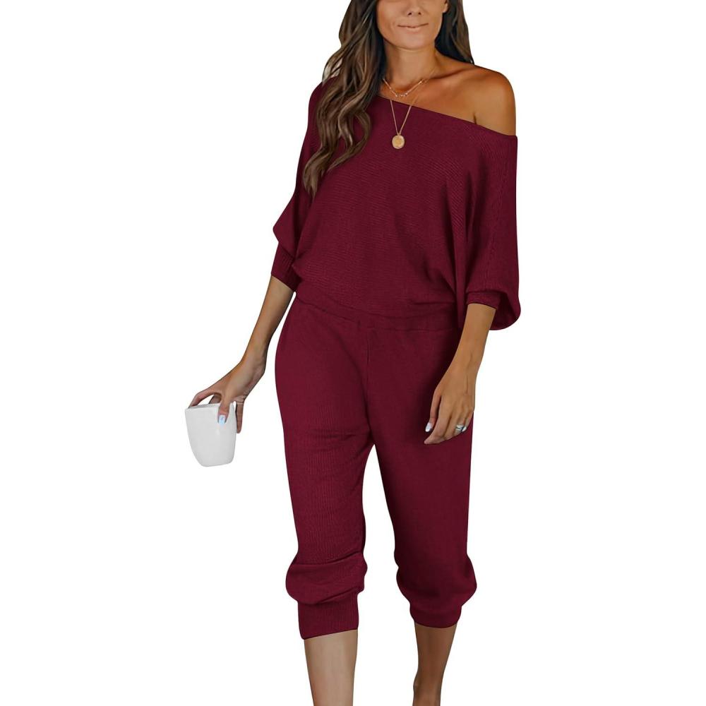imagePRETTYGARDEN Two Piece Sets for Women 2025 Casual Ribbed Knit Off Shoulder Tops Lounge Pants Fall Tracksuits Winter ClothesWine Red