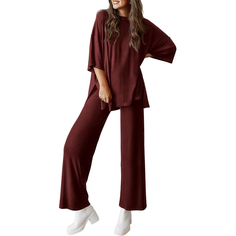 imagePRETTYGARDEN Two Piece Sets for Women Summer Fashion Lounge Matching Set 2026 Spring Travel Vacation Airport Outfits ClothingWine Red