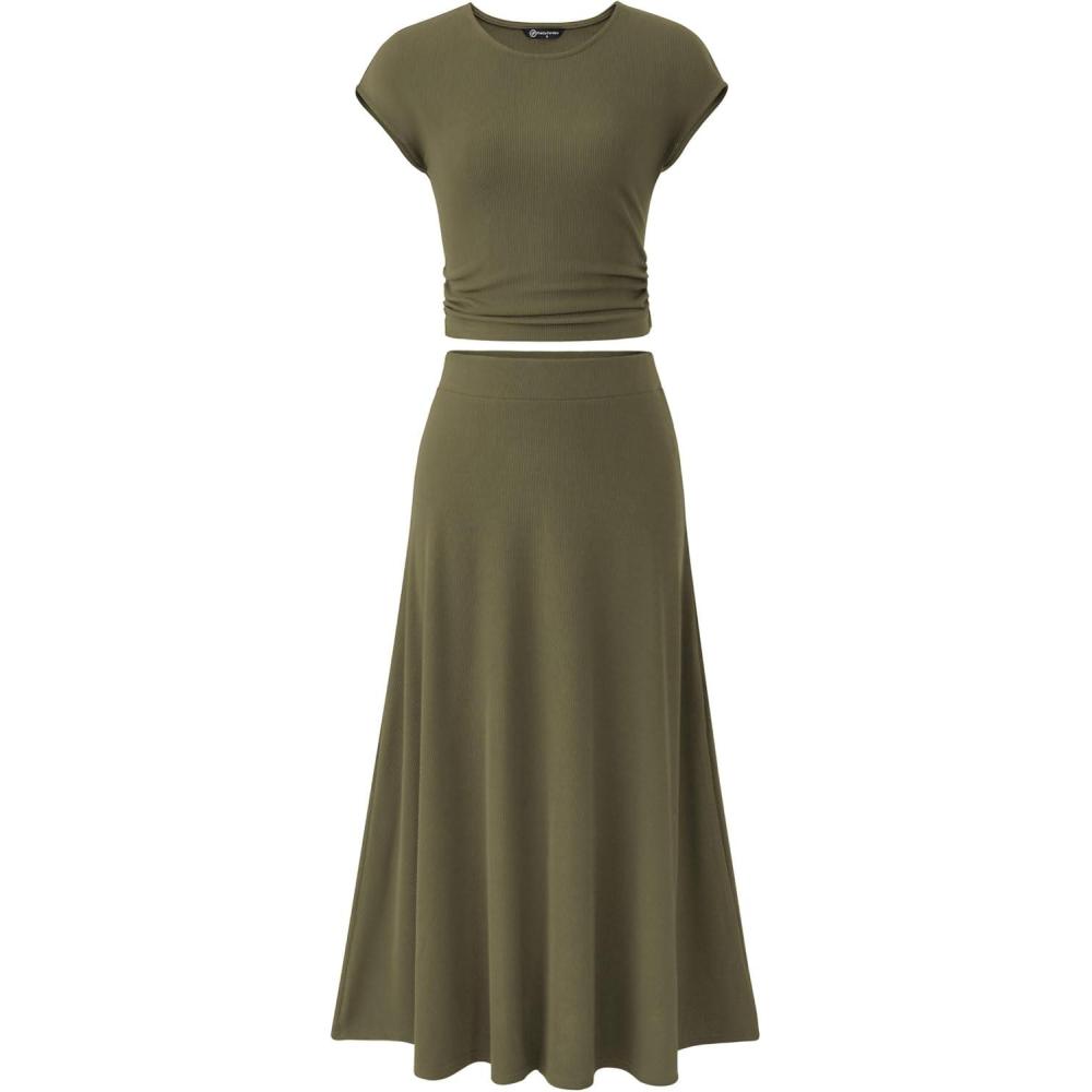 imagePRETTYGARDEN Two Piece Skirt Set for Women 2026 Summer Spring Dressy Casual Knit Travel Vacation Matching Lounge OutfitsArmy Green