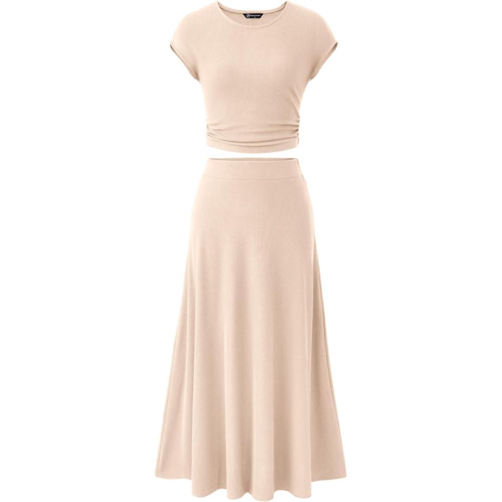 imagePRETTYGARDEN Two Piece Skirt Set for Women 2026 Summer Spring Dressy Casual Knit Travel Vacation Matching Lounge OutfitsBeige