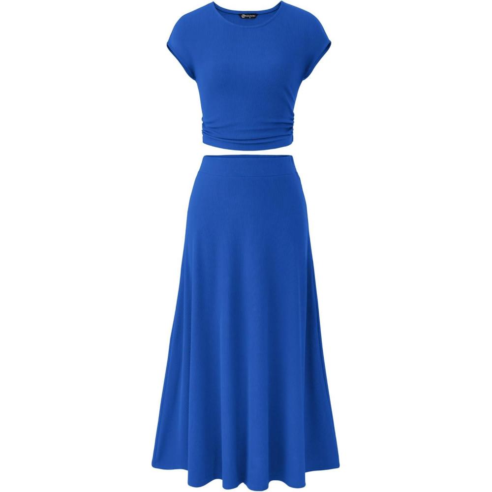 imagePRETTYGARDEN Two Piece Skirt Set for Women 2026 Summer Spring Dressy Casual Knit Travel Vacation Matching Lounge OutfitsBlue