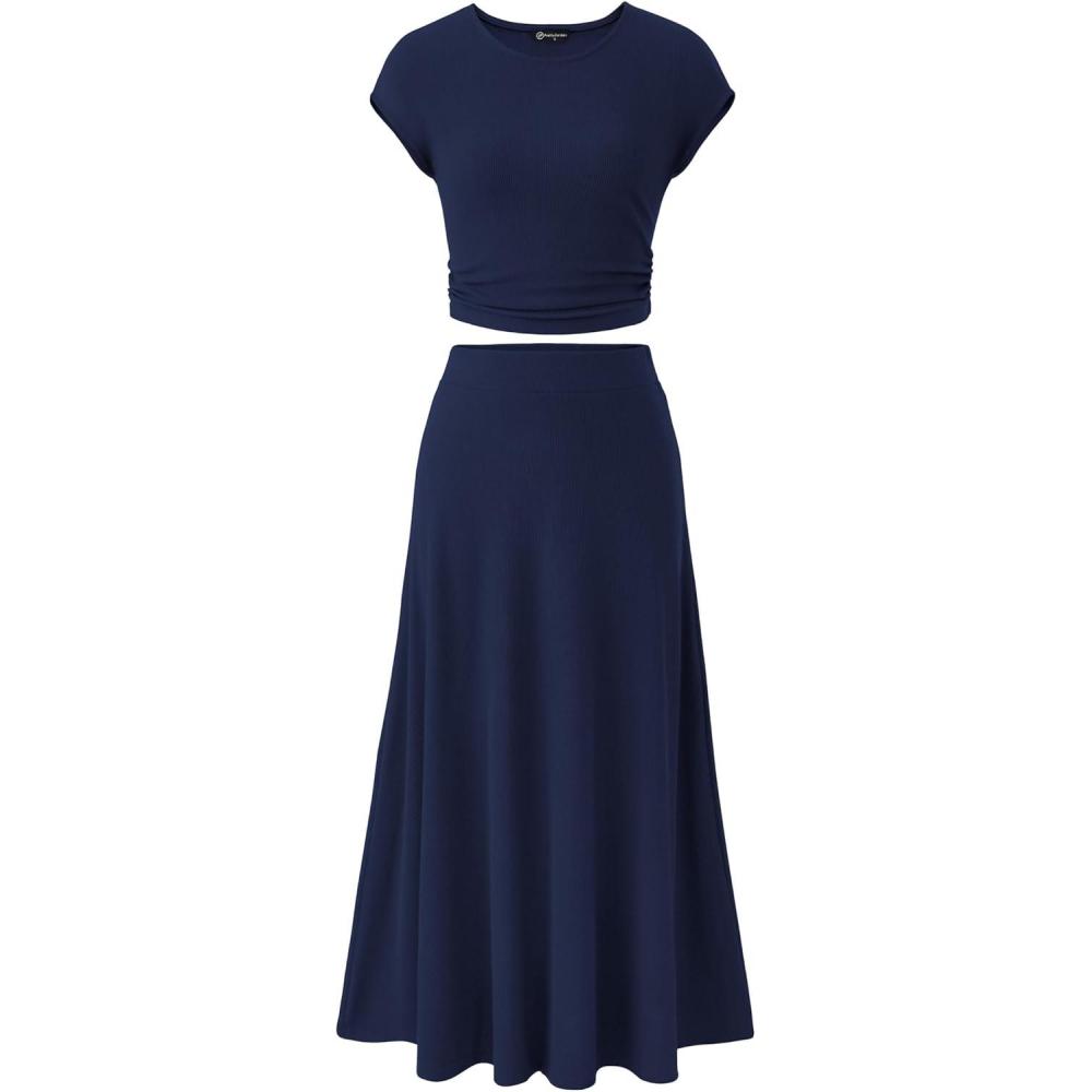 imagePRETTYGARDEN Two Piece Skirt Set for Women 2026 Summer Spring Dressy Casual Knit Travel Vacation Matching Lounge OutfitsDark Blue