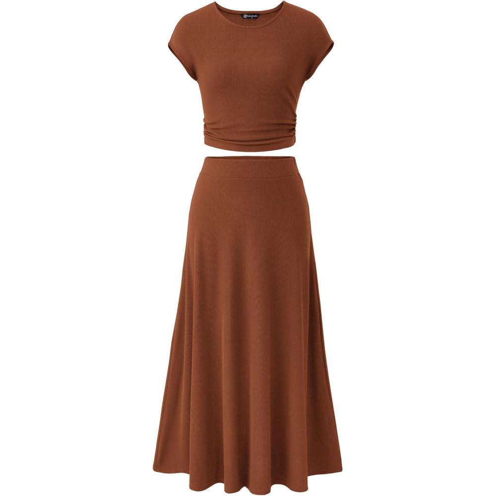 imagePRETTYGARDEN Two Piece Skirt Set for Women 2026 Summer Spring Dressy Casual Knit Travel Vacation Matching Lounge OutfitsDark Brown