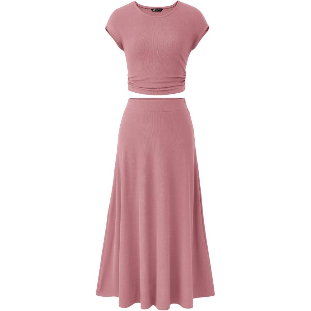 imagePRETTYGARDEN Two Piece Skirt Set for Women 2026 Summer Spring Dressy Casual Knit Travel Vacation Matching Lounge OutfitsDusty Pink