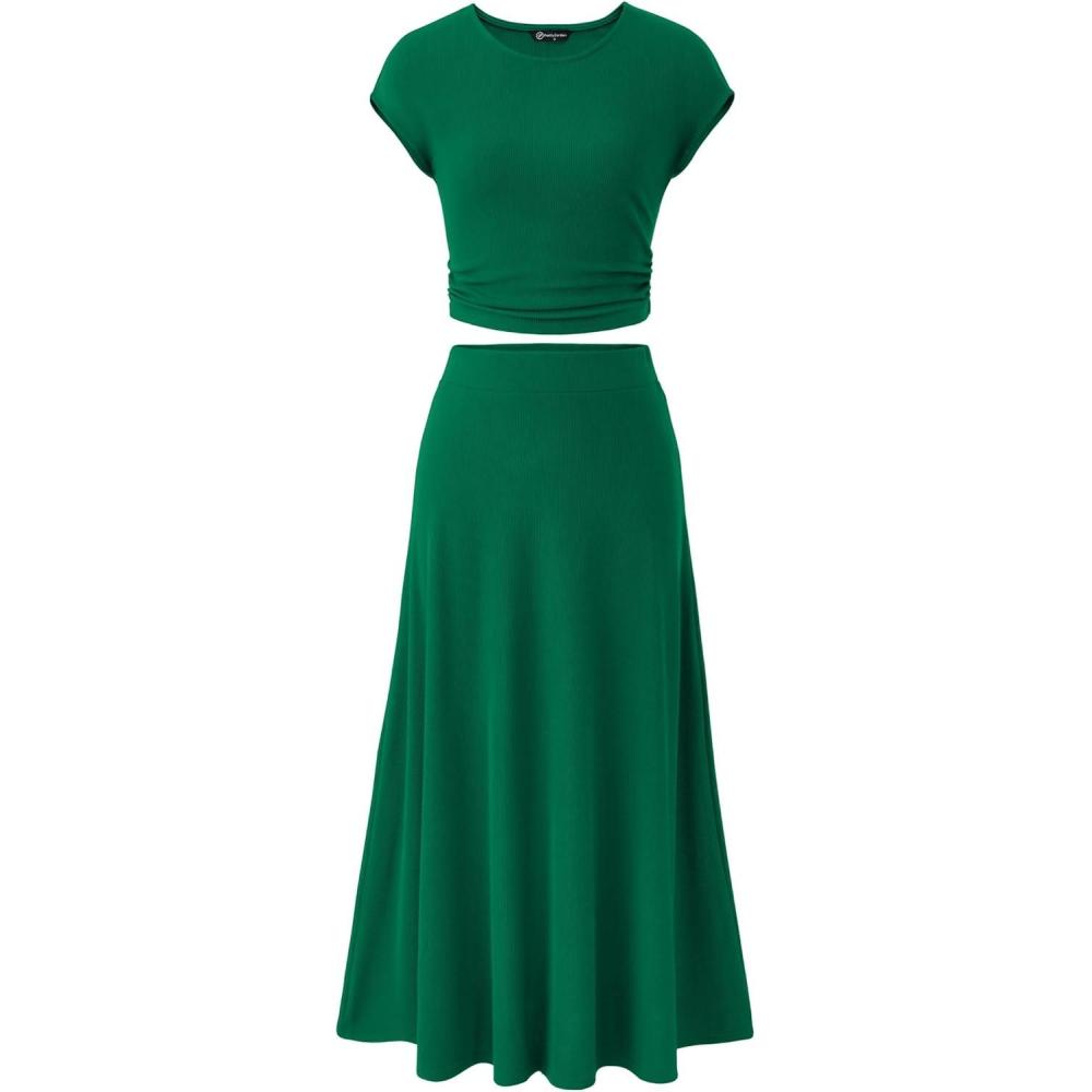 imagePRETTYGARDEN Two Piece Skirt Set for Women 2026 Summer Spring Dressy Casual Knit Travel Vacation Matching Lounge OutfitsGreen