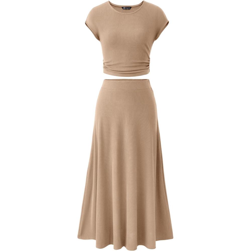 imagePRETTYGARDEN Two Piece Skirt Set for Women 2026 Summer Spring Dressy Casual Knit Travel Vacation Matching Lounge OutfitsKhaki