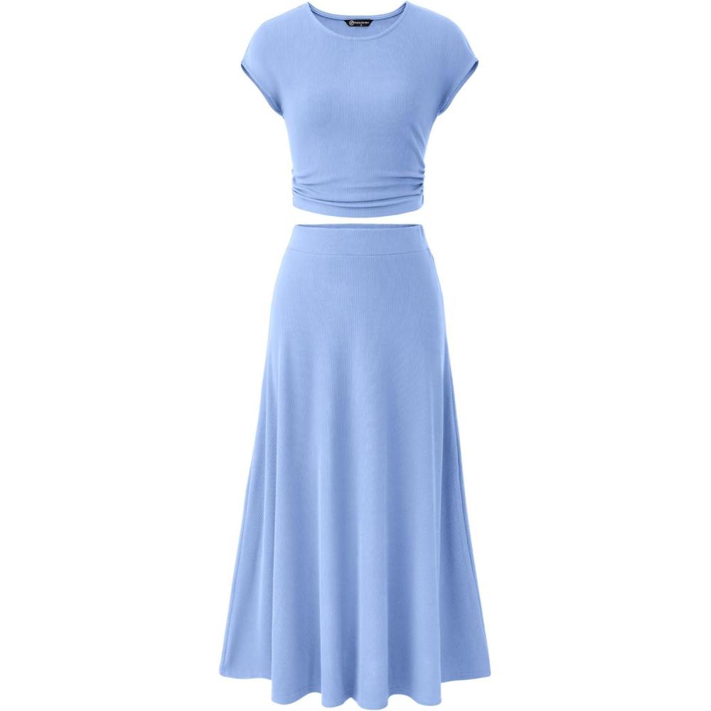 imagePRETTYGARDEN Two Piece Skirt Set for Women 2026 Summer Spring Dressy Casual Knit Travel Vacation Matching Lounge OutfitsLight Blue
