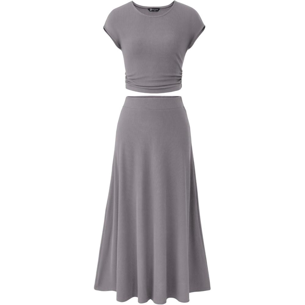 imagePRETTYGARDEN Two Piece Skirt Set for Women 2026 Summer Spring Dressy Casual Knit Travel Vacation Matching Lounge OutfitsLight Grey