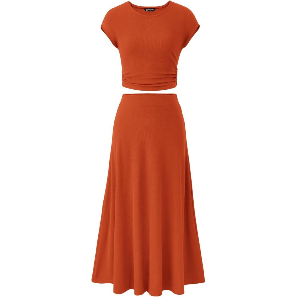 imagePRETTYGARDEN Two Piece Skirt Set for Women 2026 Summer Spring Dressy Casual Knit Travel Vacation Matching Lounge OutfitsOrange