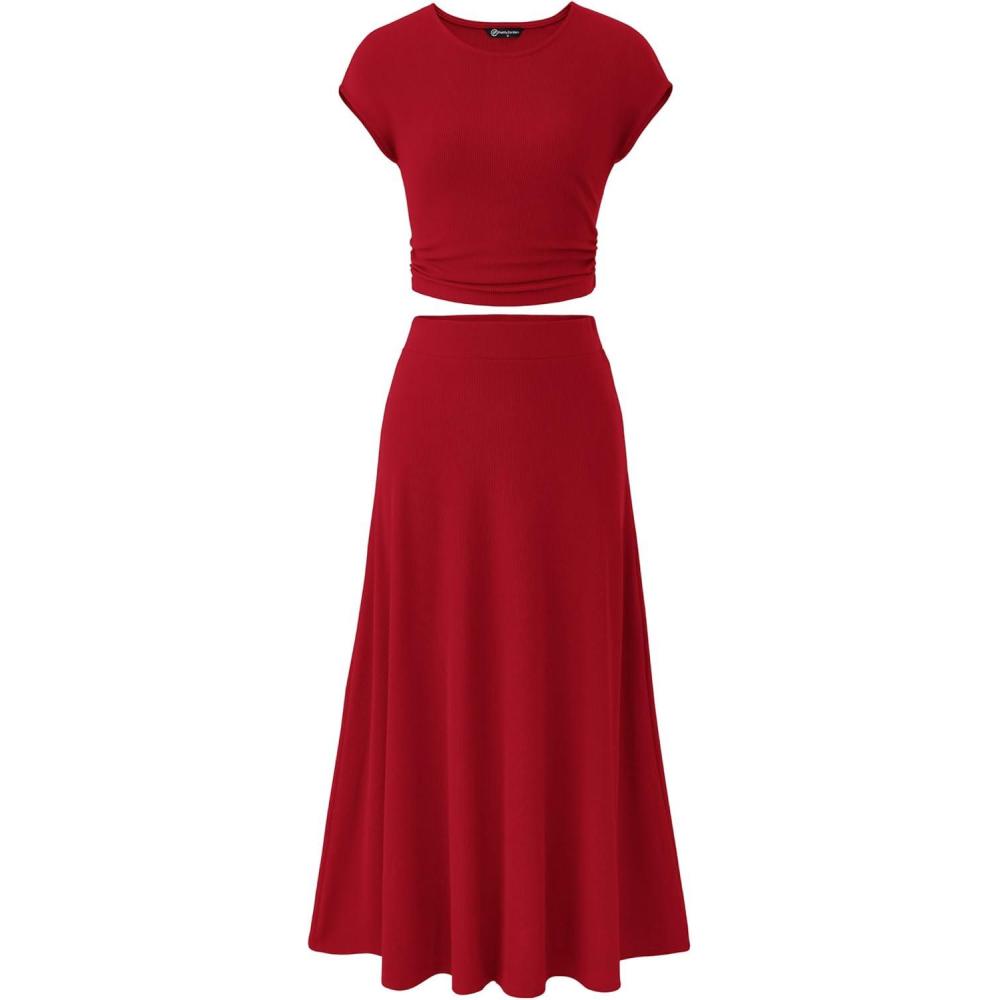 imagePRETTYGARDEN Two Piece Skirt Set for Women 2026 Summer Spring Dressy Casual Knit Travel Vacation Matching Lounge OutfitsRed