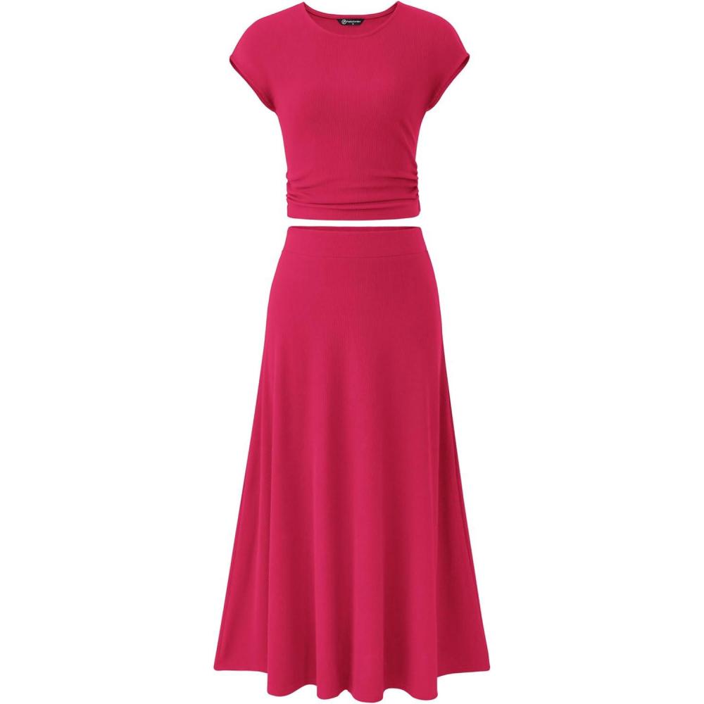 imagePRETTYGARDEN Two Piece Skirt Set for Women 2026 Summer Spring Dressy Casual Knit Travel Vacation Matching Lounge OutfitsRose Red