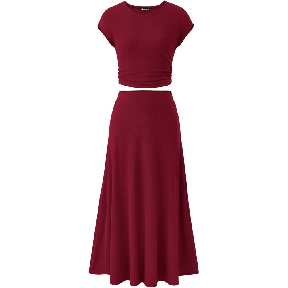 imagePRETTYGARDEN Two Piece Skirt Set for Women 2026 Summer Spring Dressy Casual Knit Travel Vacation Matching Lounge OutfitsWine Red