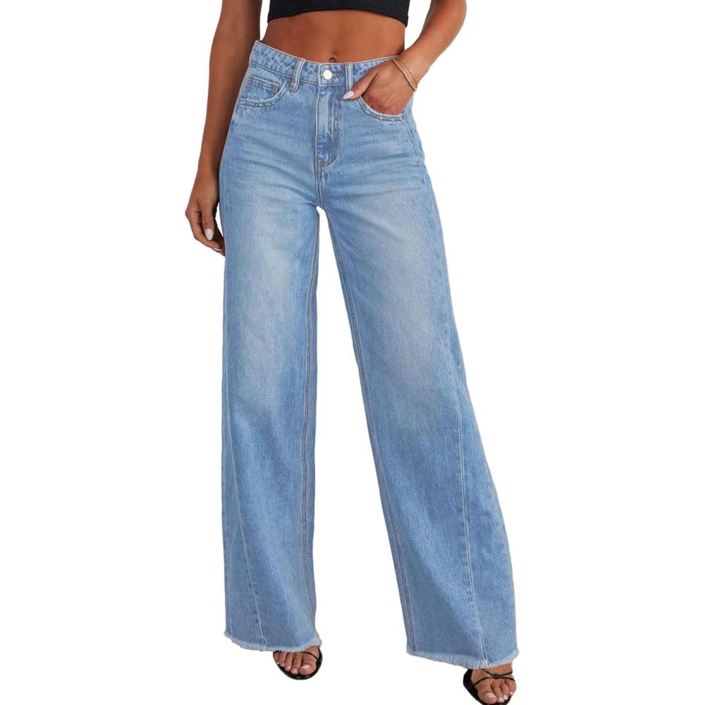imagePRETTYGARDEN Wide Leg Jeans for Women Trendy High Waisted Stretchy Baggy Raw Hem Denim Palazzo Pants 2026 Spring Fall ClothesSky Blue