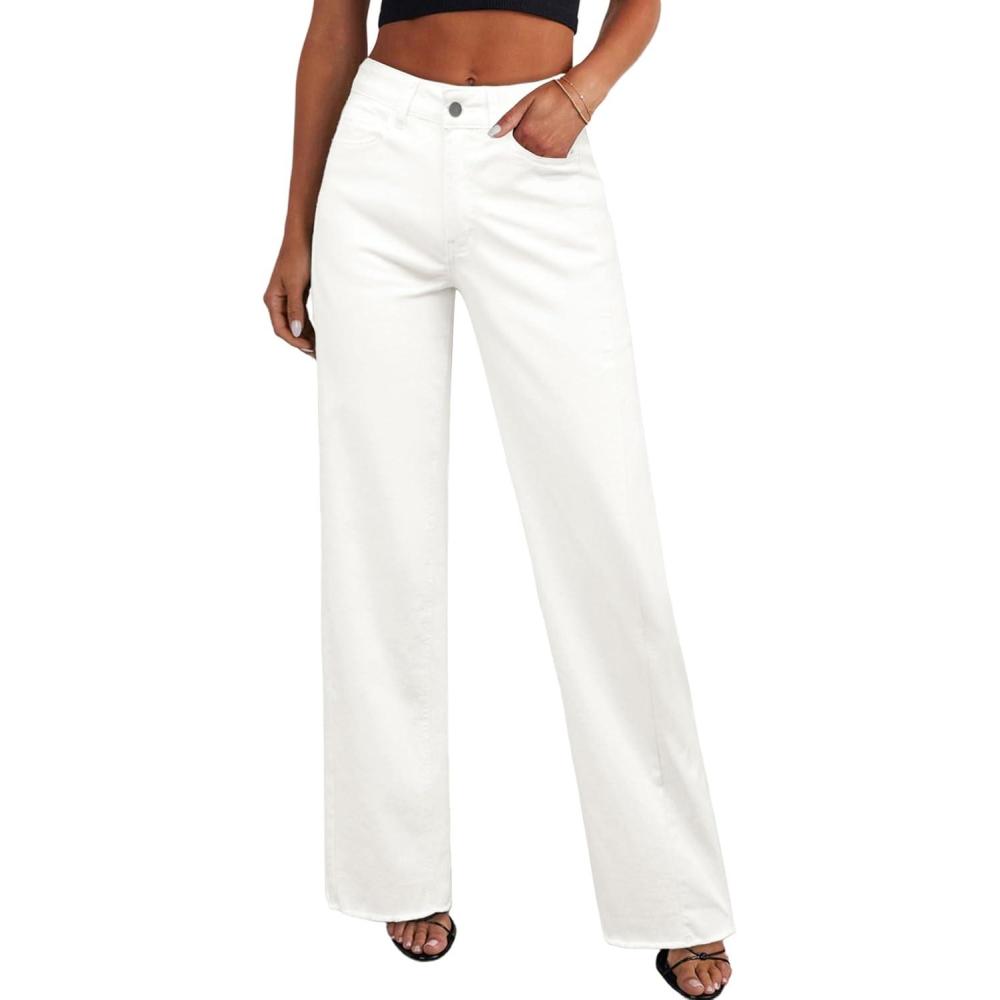 imagePRETTYGARDEN Wide Leg Jeans for Women Trendy High Waisted Stretchy Baggy Raw Hem Denim Palazzo Pants 2026 Spring Fall ClothesWhite