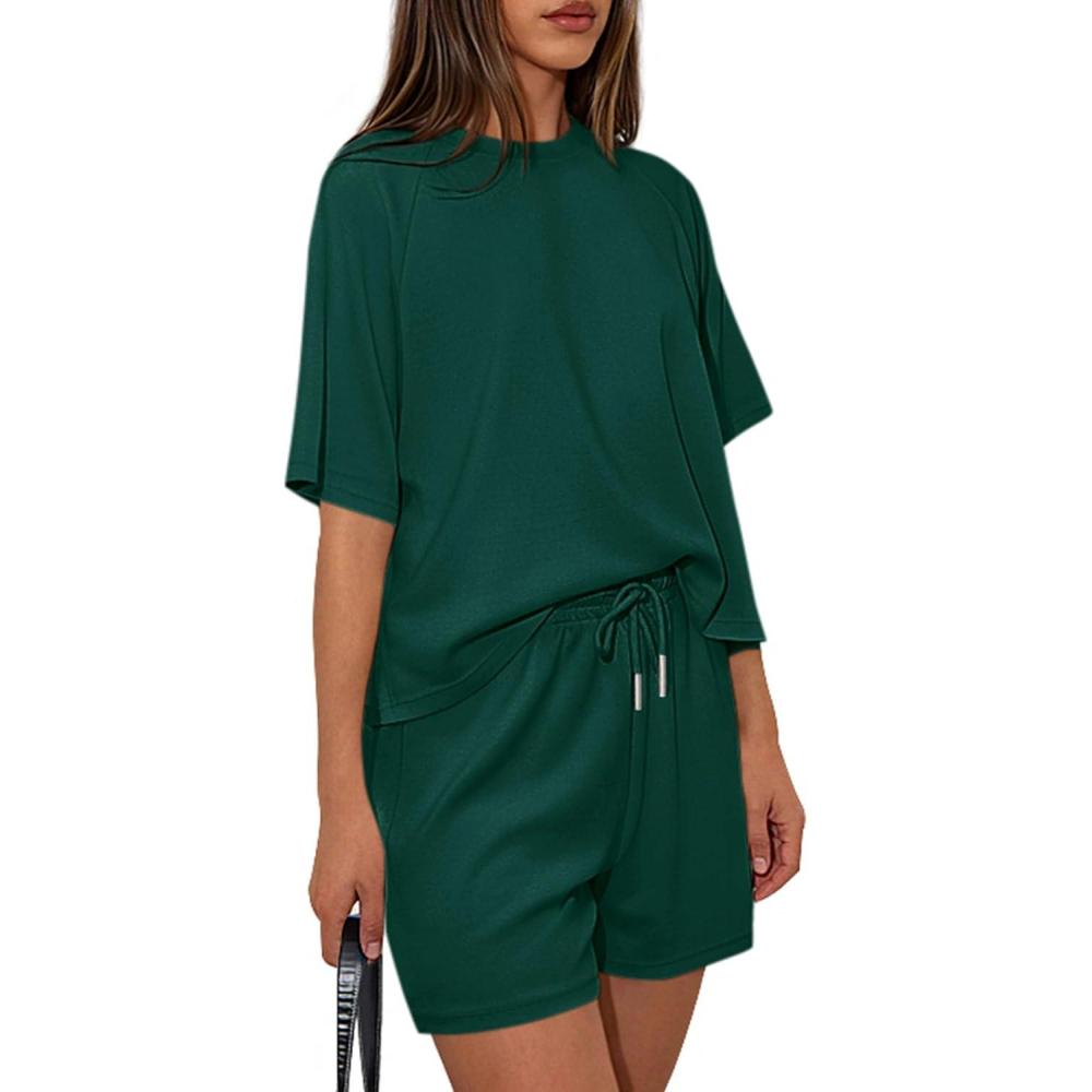imagePRETTYGARDEN Women 2 Piece Lounge Sets Short Sleeve Shirts Workout Tops Shorts Matching Clothing 2026 Summer Vacation OutfitsDark Green