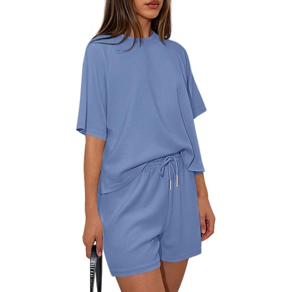 imagePRETTYGARDEN Women 2 Piece Lounge Sets Short Sleeve Shirts Workout Tops Shorts Matching Clothing 2026 Summer Vacation OutfitsDusty Blue