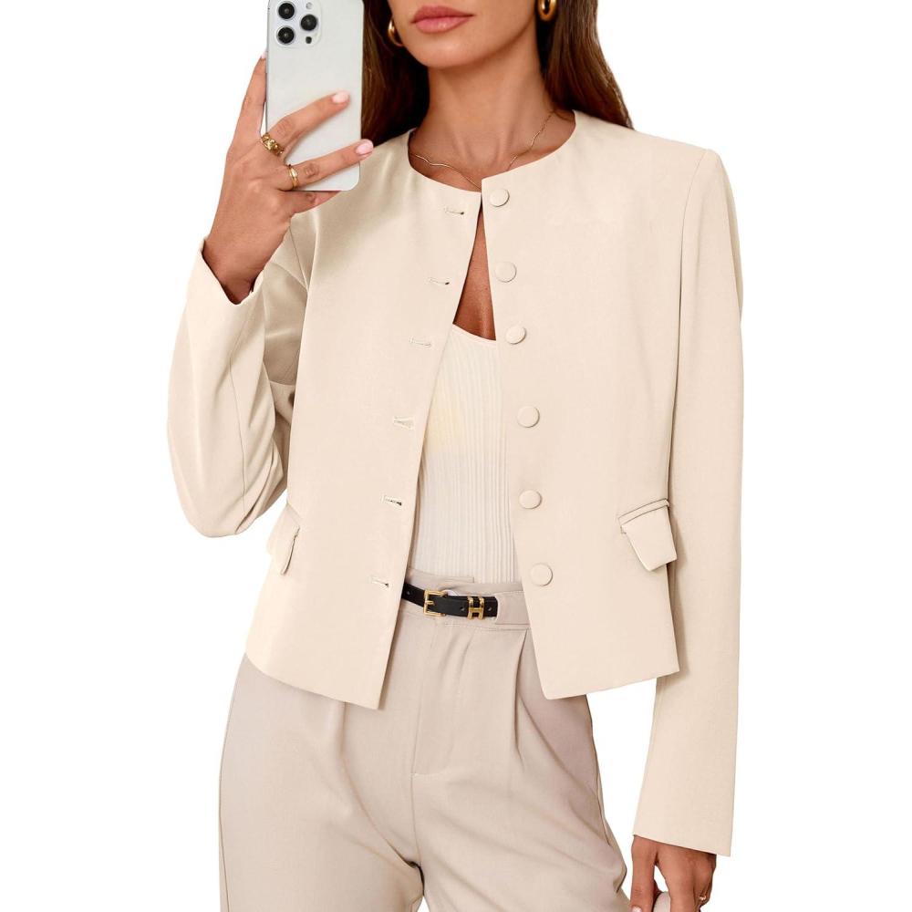 imagePRETTYGARDEN Women Blazers Business Casual Outfits 2025 Fall Fashion Long Sleeve Professional Office Work Suit Jacket ClothesBeige