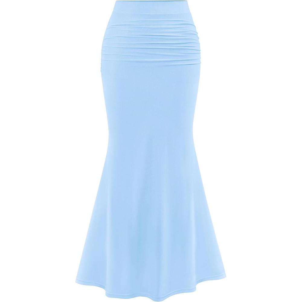 imagePRETTYGARDEN Women Fitted Mesh Mermaid Skirt 2026 Spring Summer Casual High Waisted Ruched Maxi Long Bodycon Going Out OutfitSky Blue