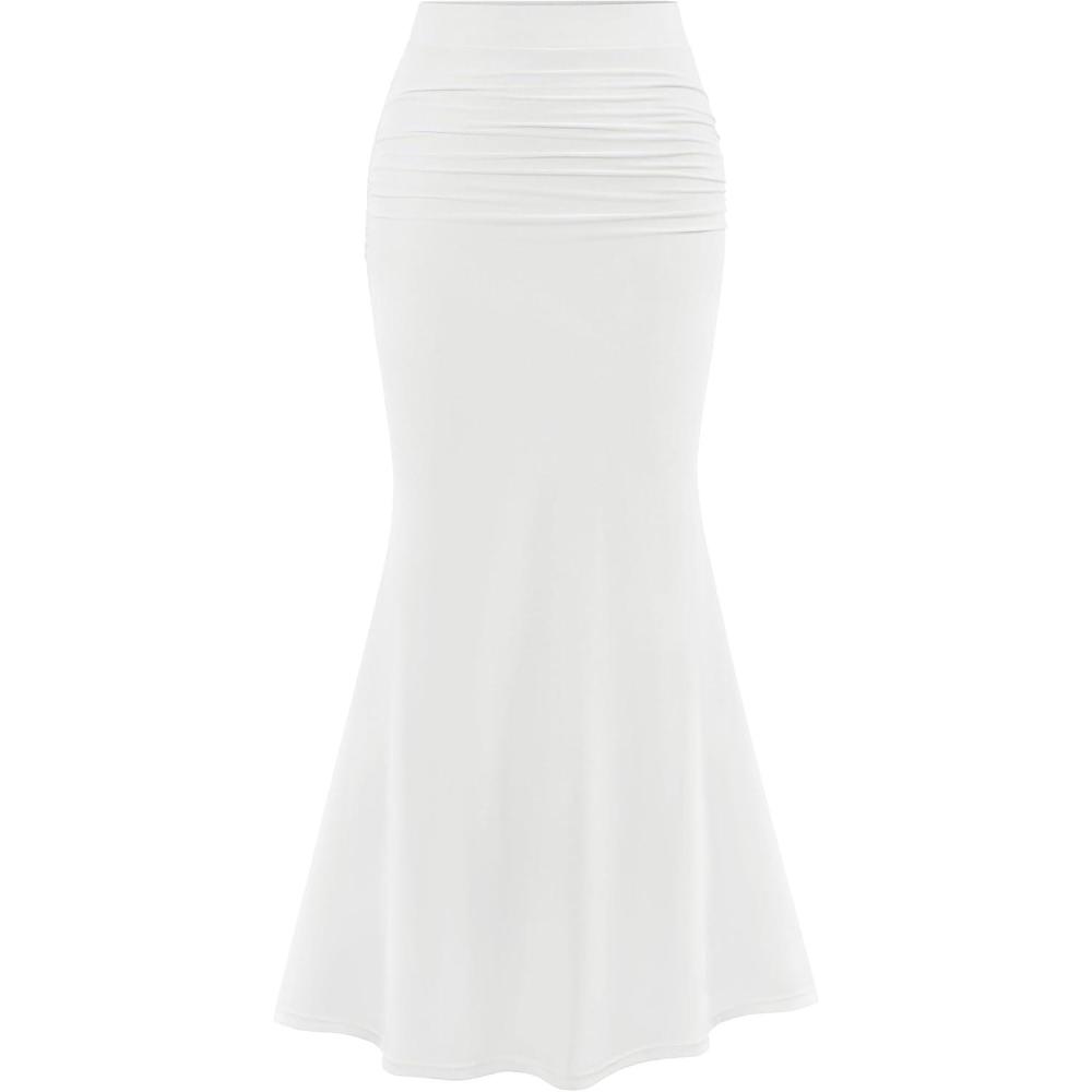 imagePRETTYGARDEN Women Fitted Mesh Mermaid Skirt 2026 Spring Summer Casual High Waisted Ruched Maxi Long Bodycon Going Out OutfitWhite