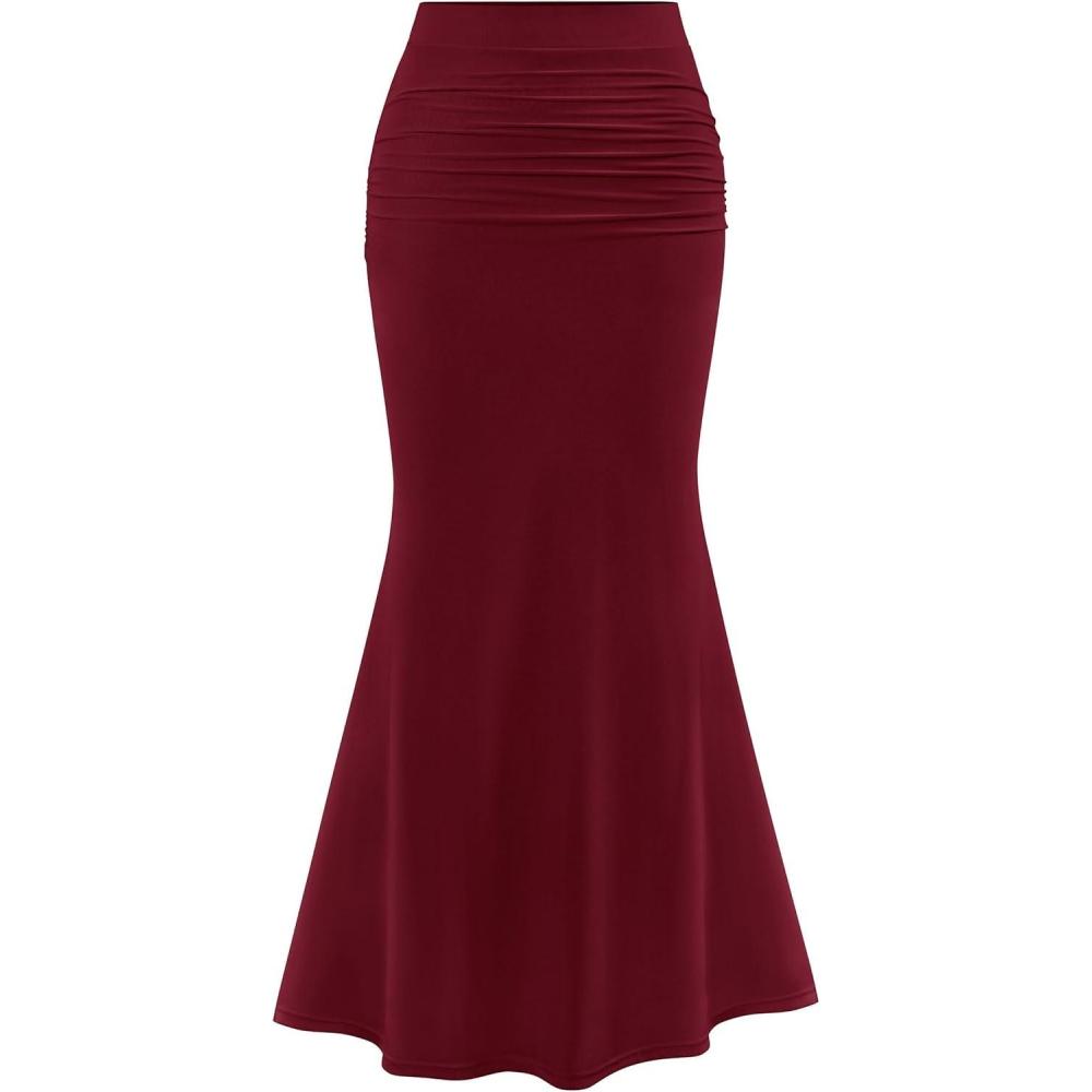imagePRETTYGARDEN Women Fitted Mesh Mermaid Skirt 2026 Spring Summer Casual High Waisted Ruched Maxi Long Bodycon Going Out OutfitWine Red