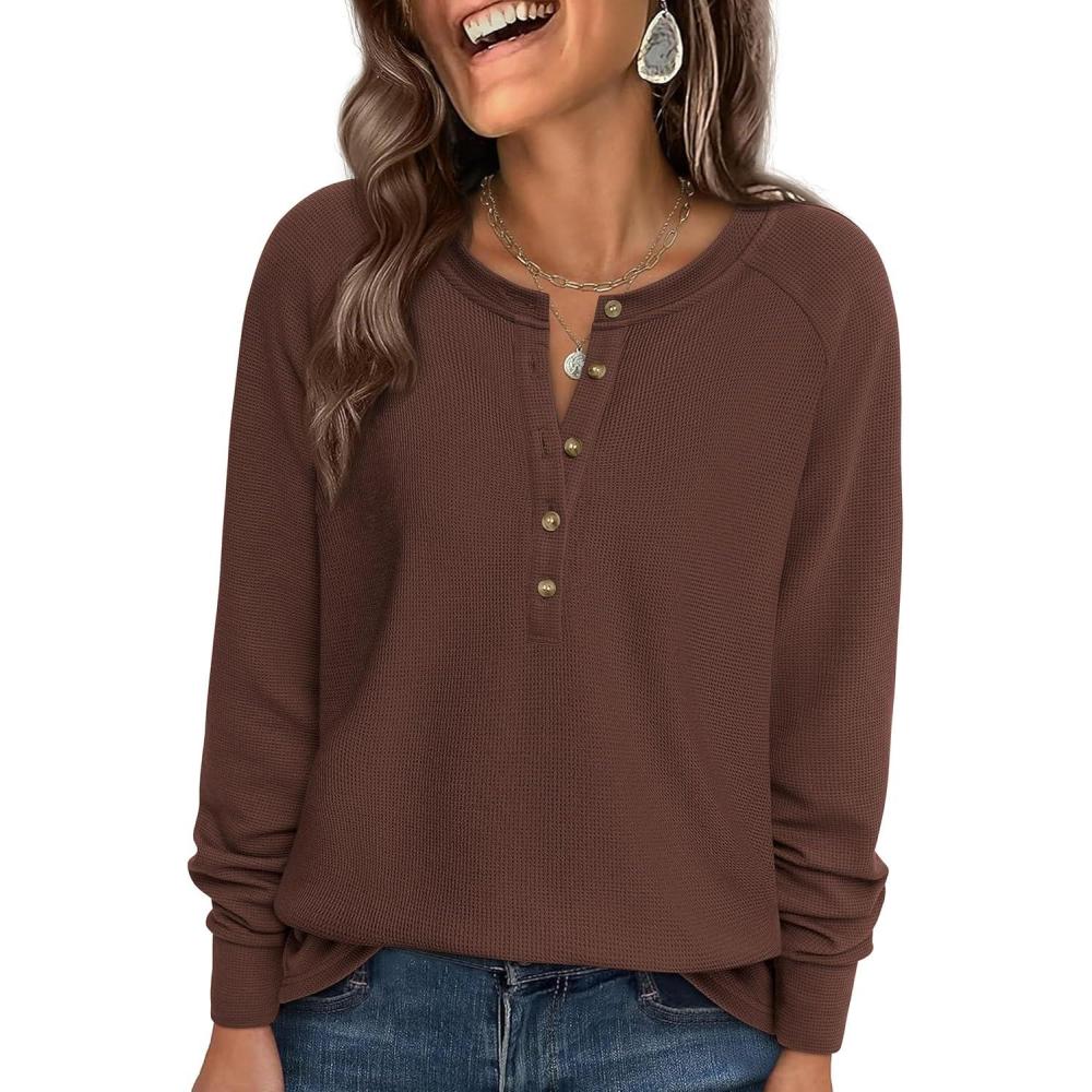imagePRETTYGARDEN Women Long Sleeve Waffle Knit Shirts 2026 Fall Casual Button V Neck Loose Henley Tops Basic Tees Winter ClothesBrown