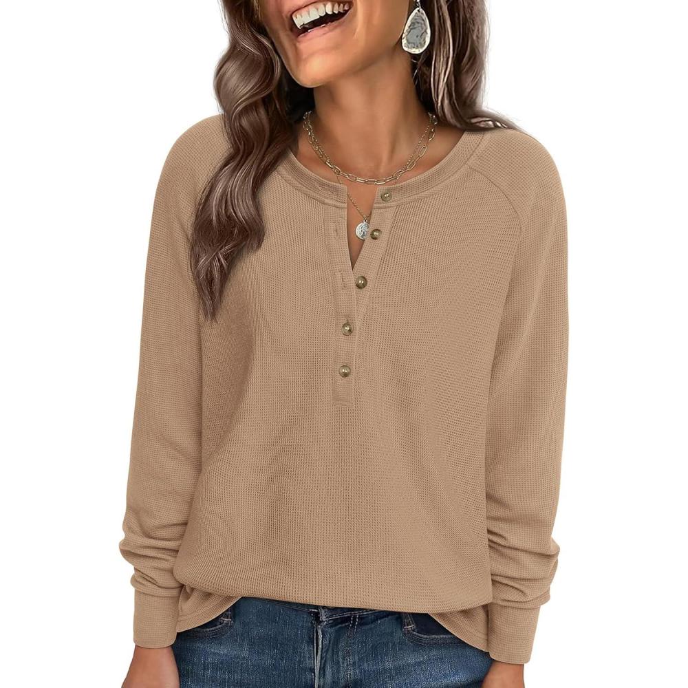 imagePRETTYGARDEN Women Long Sleeve Waffle Knit Shirts 2026 Fall Casual Button V Neck Loose Henley Tops Basic Tees Winter ClothesKhaki