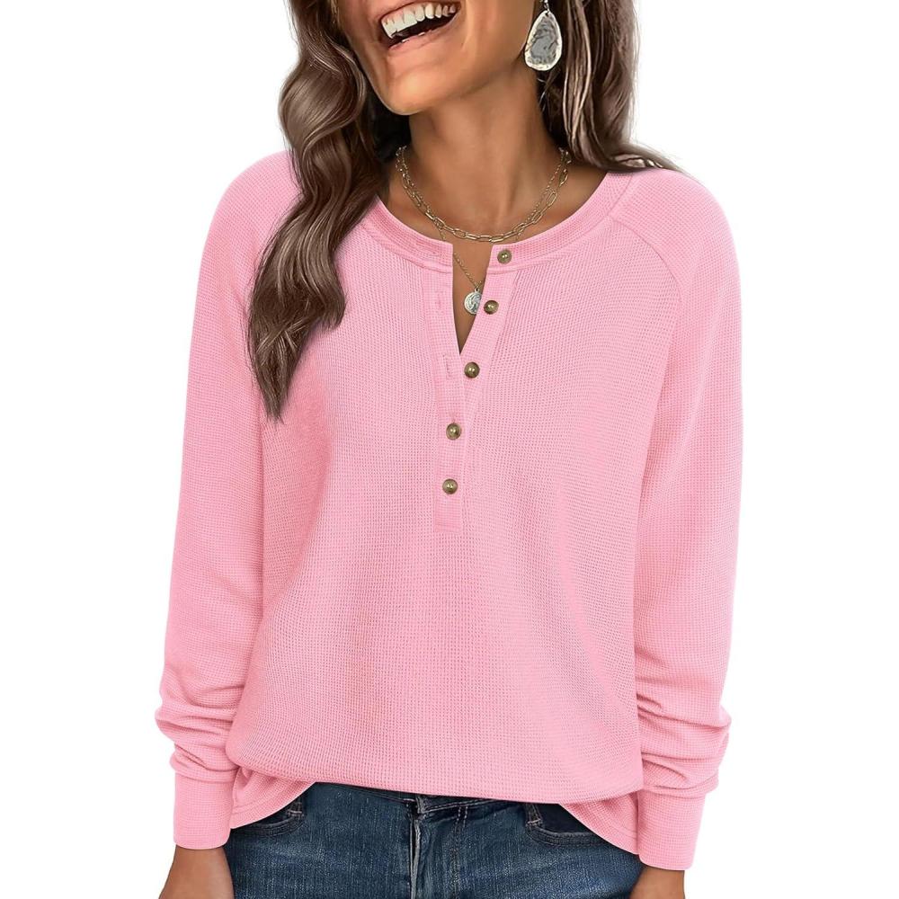 imagePRETTYGARDEN Women Long Sleeve Waffle Knit Shirts 2026 Fall Casual Button V Neck Loose Henley Tops Basic Tees Winter ClothesLight Pink