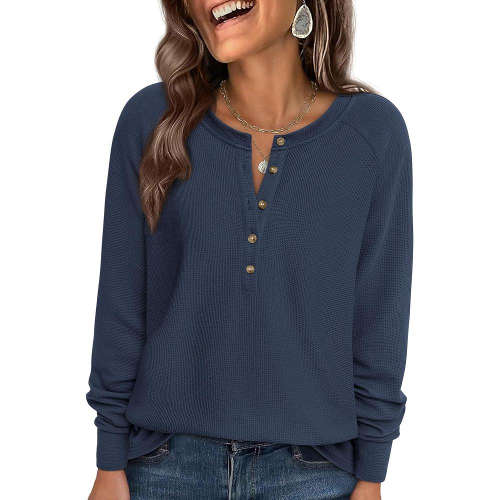 imagePRETTYGARDEN Women Long Sleeve Waffle Knit Shirts 2026 Fall Casual Button V Neck Loose Henley Tops Basic Tees Winter ClothesNavy Blue