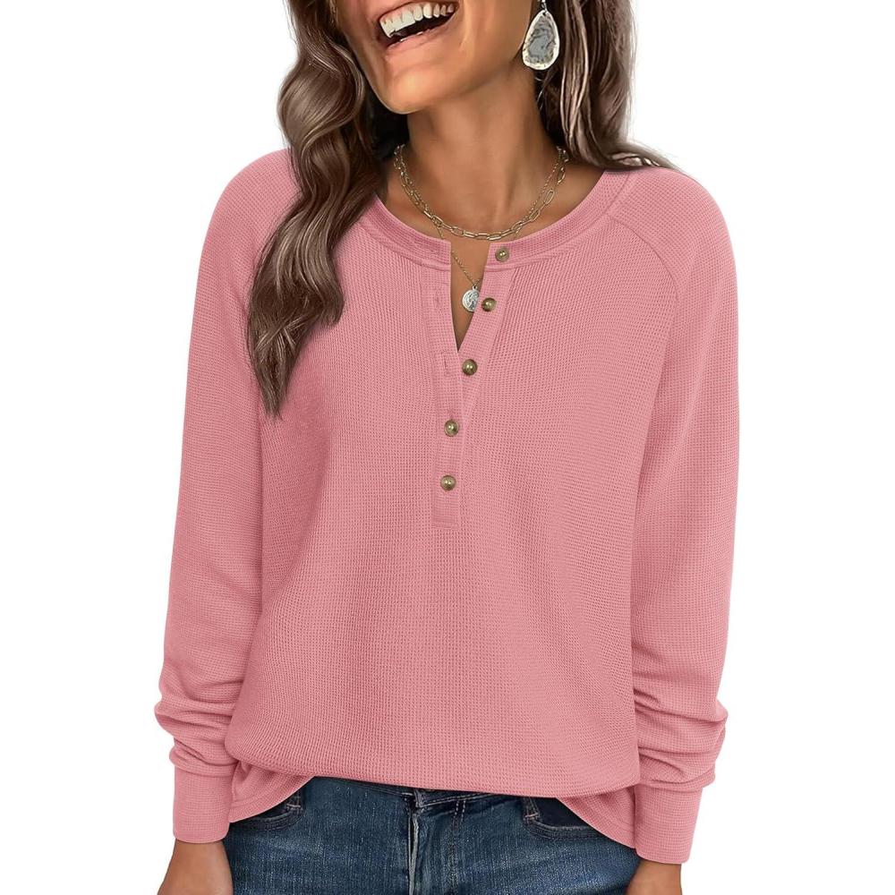 imagePRETTYGARDEN Women Long Sleeve Waffle Knit Shirts 2026 Fall Casual Button V Neck Loose Henley Tops Basic Tees Winter ClothesPink