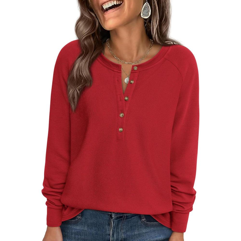 imagePRETTYGARDEN Women Long Sleeve Waffle Knit Shirts 2026 Fall Casual Button V Neck Loose Henley Tops Basic Tees Winter ClothesRed