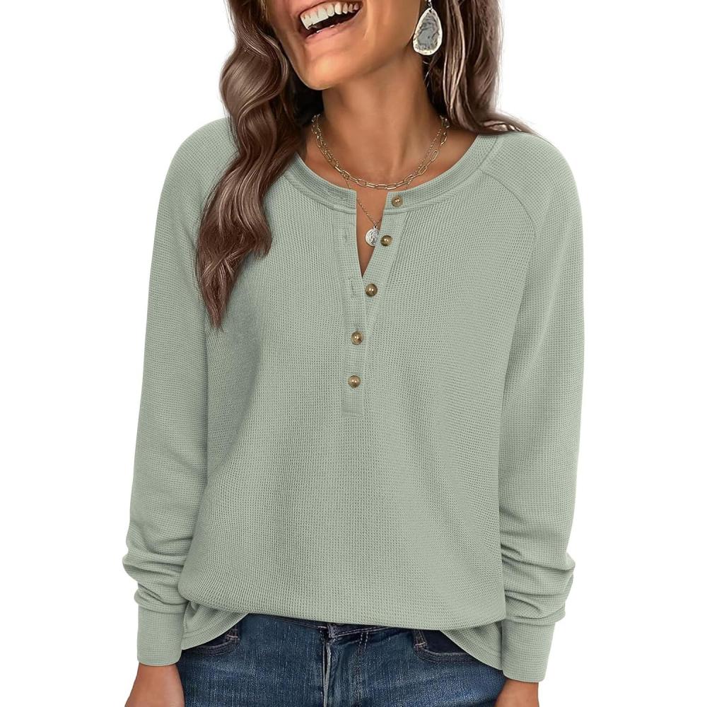 imagePRETTYGARDEN Women Long Sleeve Waffle Knit Shirts 2026 Fall Casual Button V Neck Loose Henley Tops Basic Tees Winter ClothesSage Green