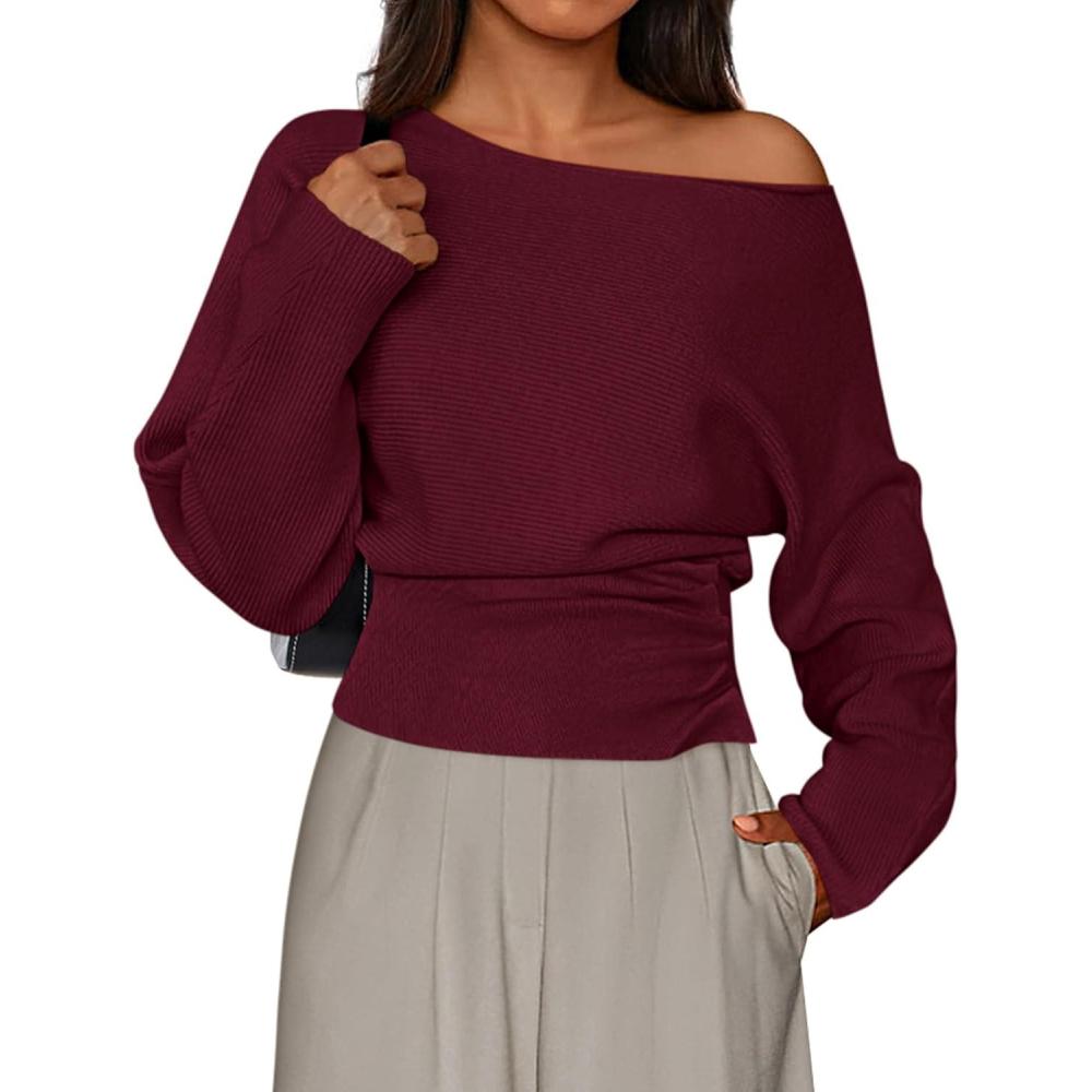 imagePRETTYGARDEN Women Off The Shoulder Sweater 2026 Fall Trendy Long Batwing Sleeve Knit Pullover Going Out Tops Winter ClothingBurgundy